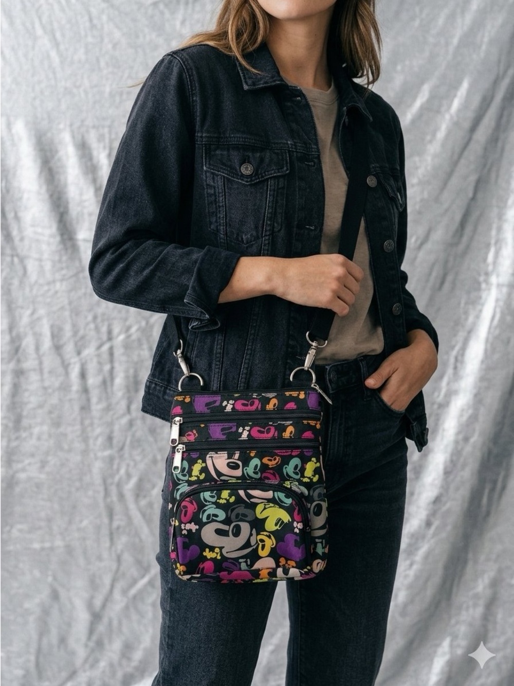 Retro Disney Parks Mickey Mouse Small Crossbody Bag, Black Multicolor Print